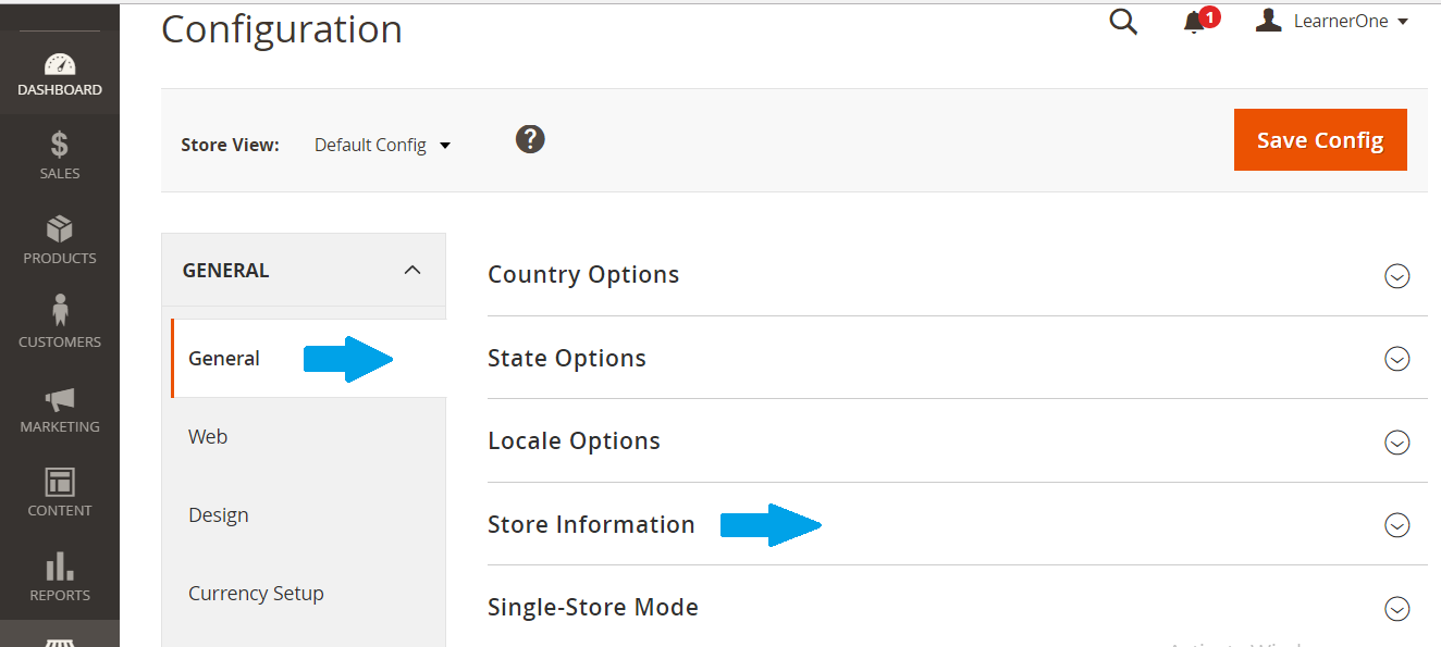 Reach Magento store information under General tab