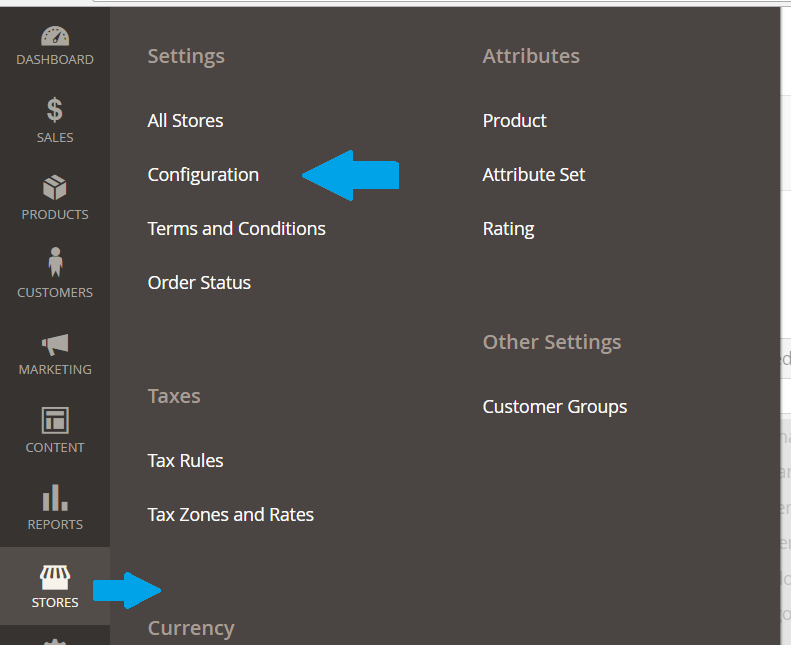 Reach configuration option under Magento STORES menu