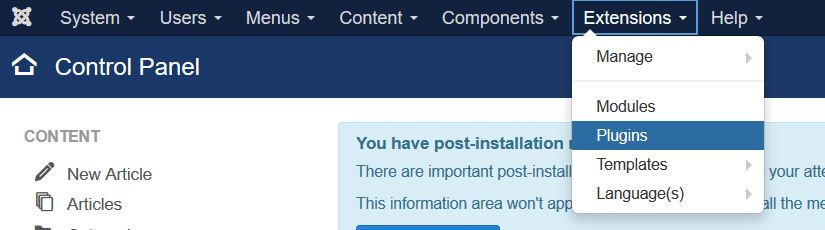 Reaching Joomla Plugins section