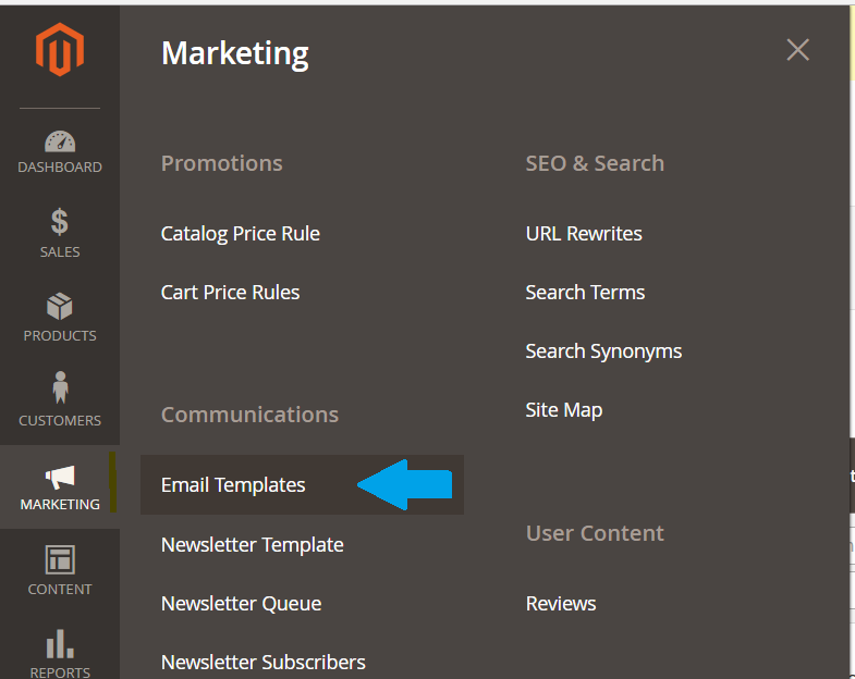 Reaching Magento Email Templates section