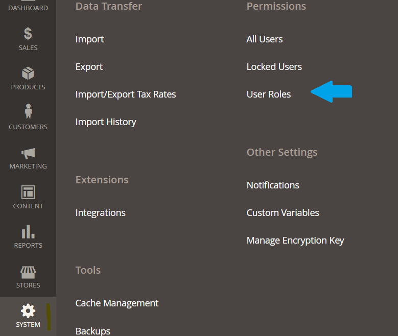 Reaching Magento User Roles section