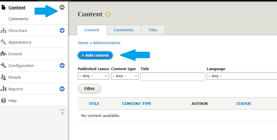 Reaching Content section to add Drupal front page