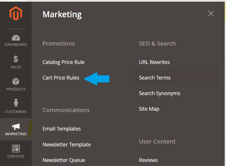 Reaching the Magento Cart Price Rules Settings