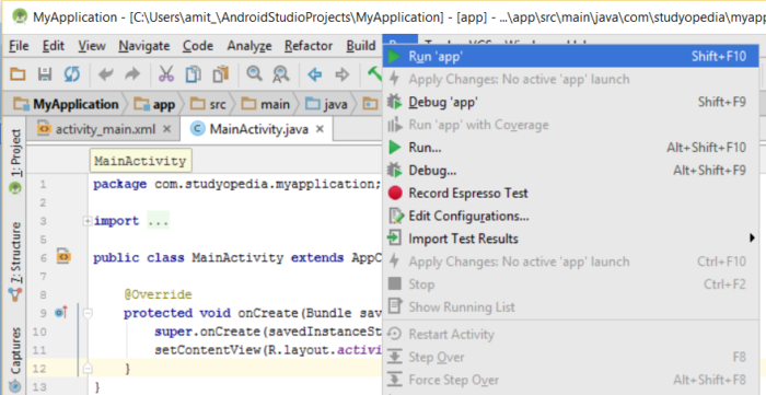 Run Android app on hardware device - Studyopedia