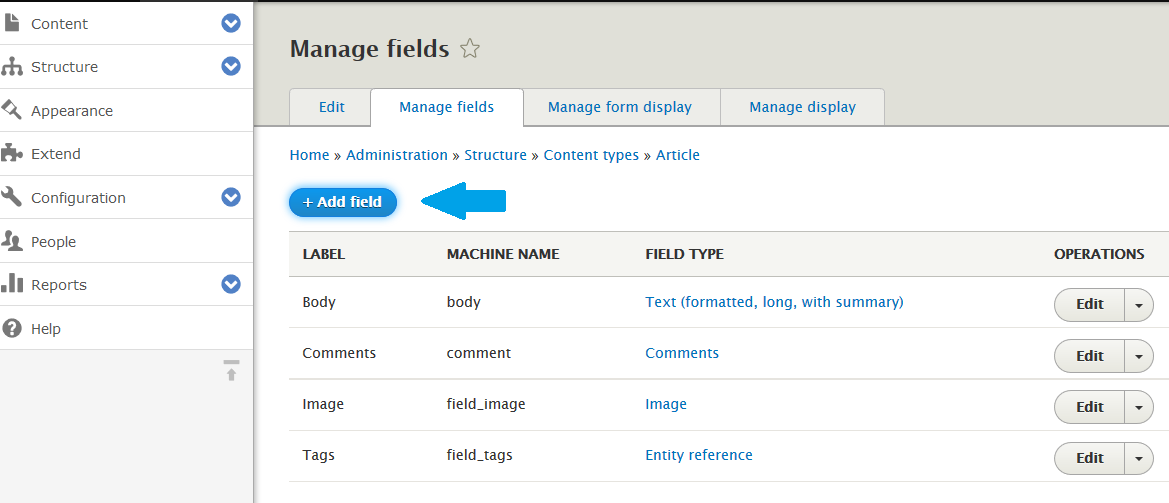 Select Add Field under Article Content Type