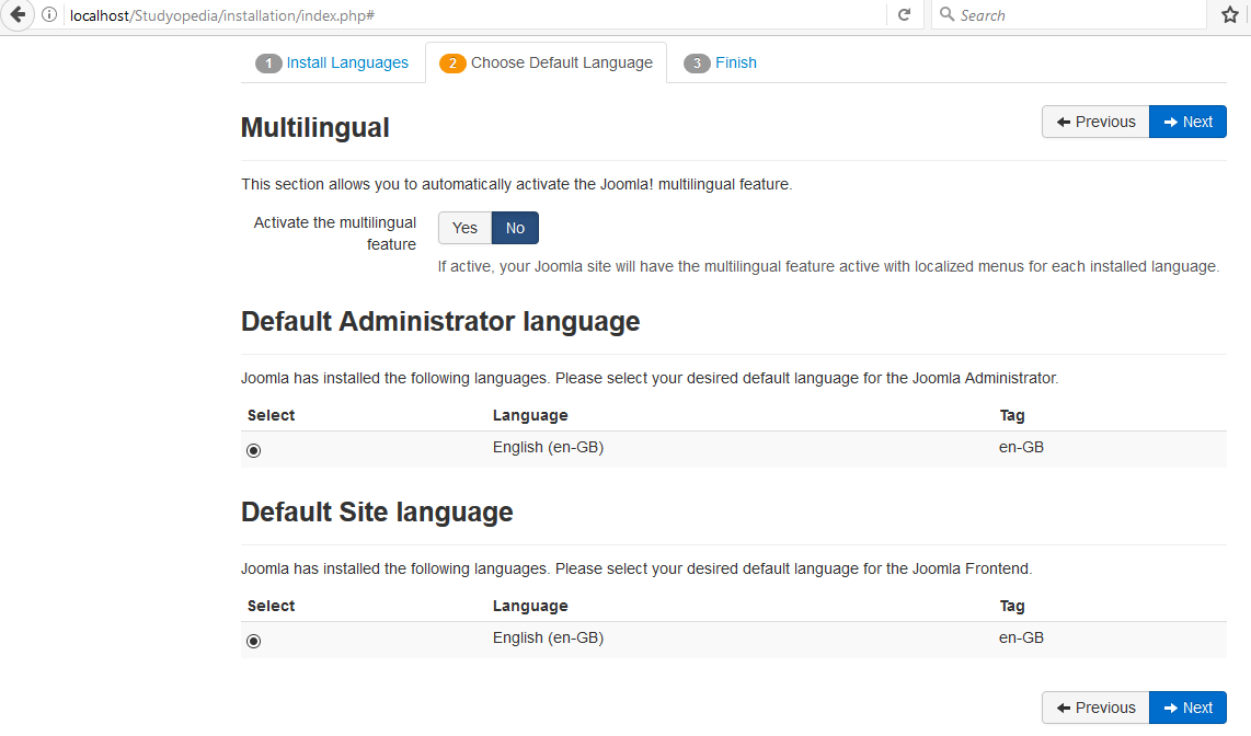 Select Joomla default language