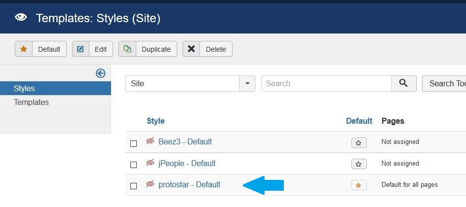 Select Joomla default theme Protostar