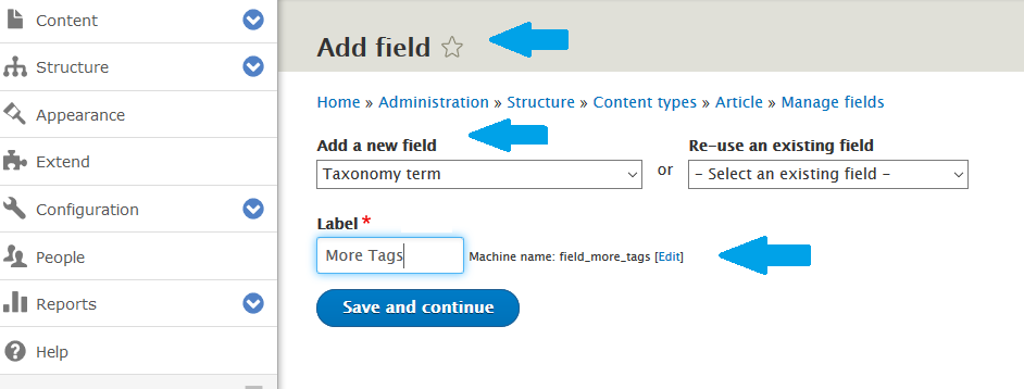 Select Taxonomy Term for new field