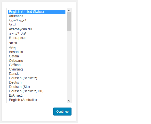 Selecting language for WordPress installation