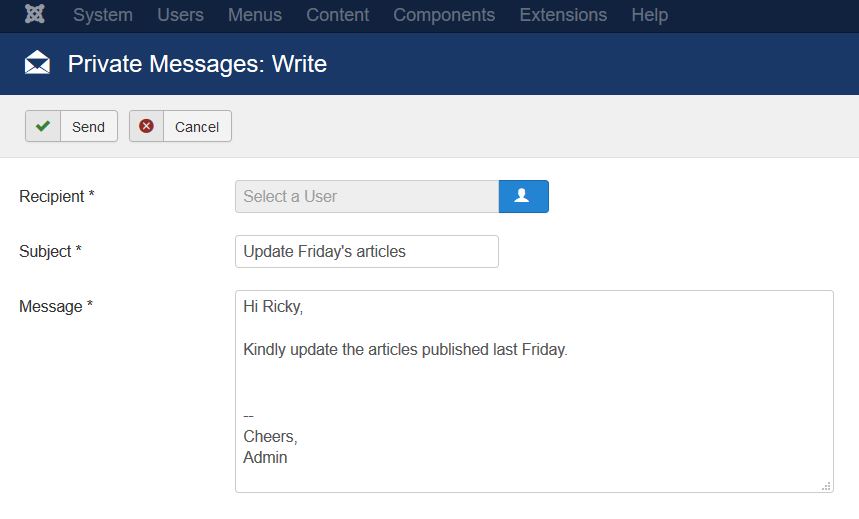 Send Joomla Private Messages