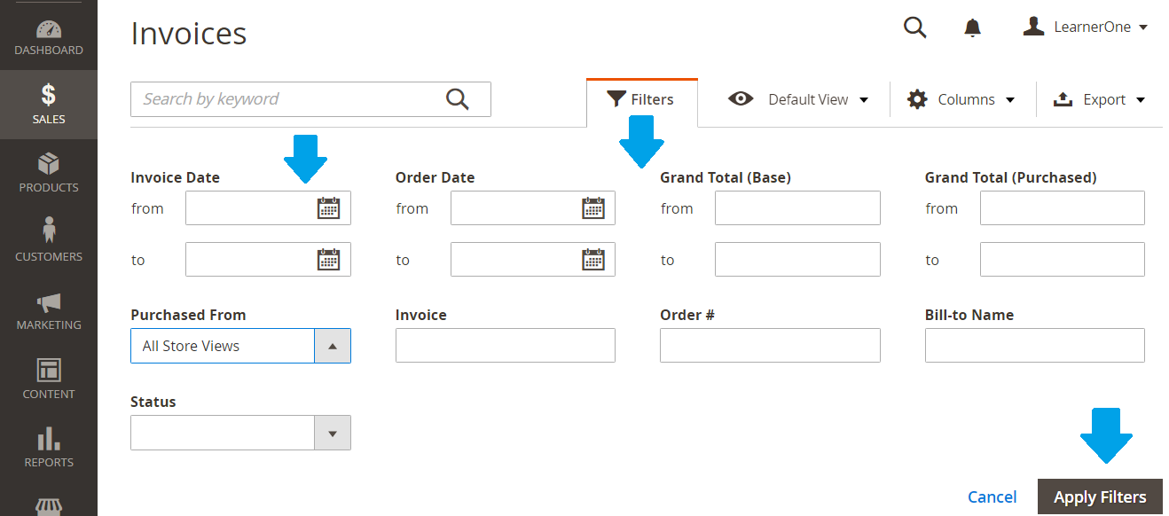 Set Filters option for Magento Invoices