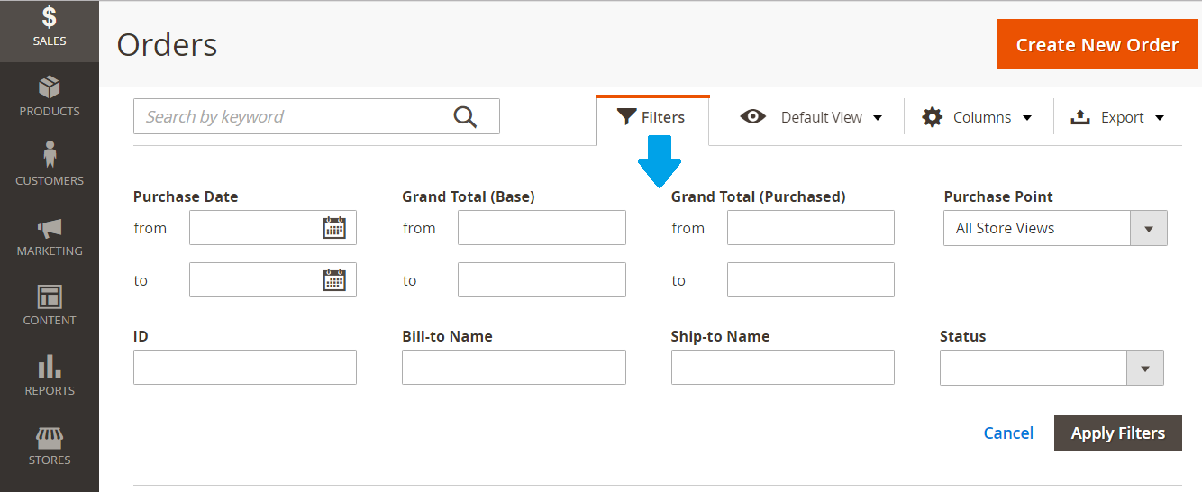 Set Filters option for Magento Orders
