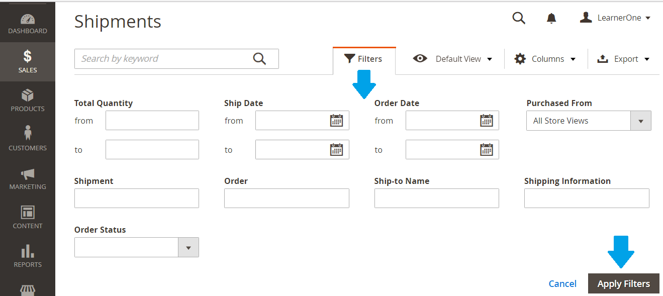 Set Filters option for Magento Store Shipments