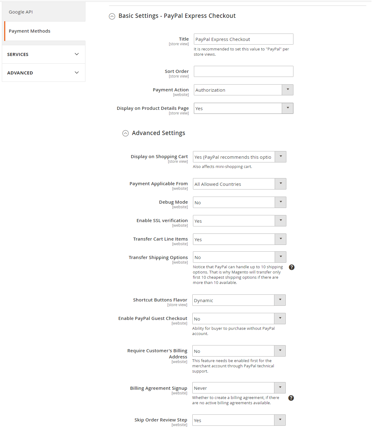 Settings for Magento Store PayPal Express Checkout