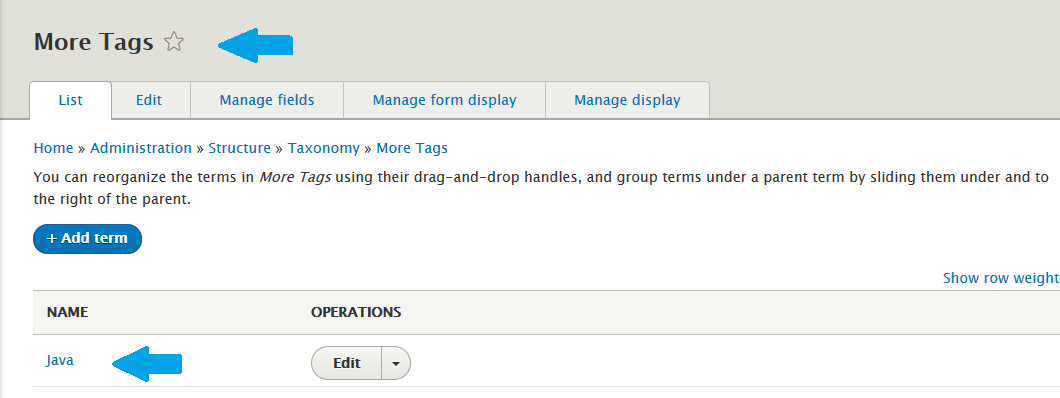 Term Java visible under More Tags Drupal vocabulary