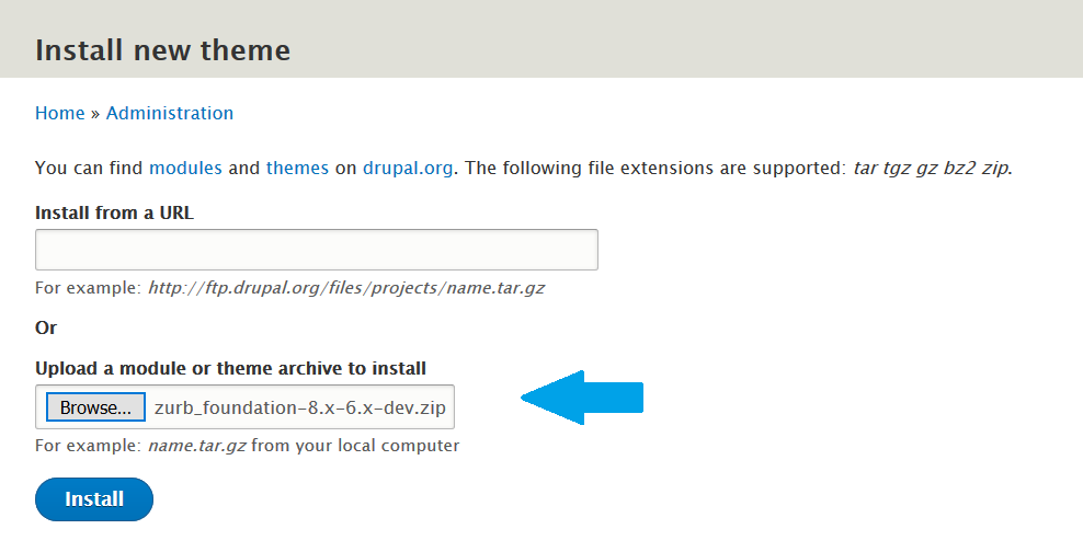 Uploaded Zurb Foundation zip file to install Drupal theme