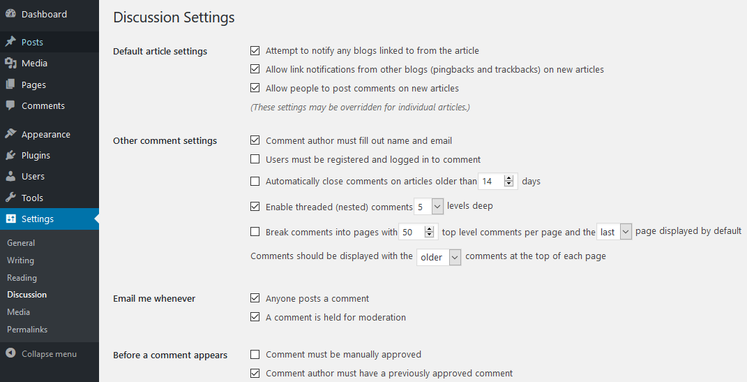 WordPress Discussion Settings options
