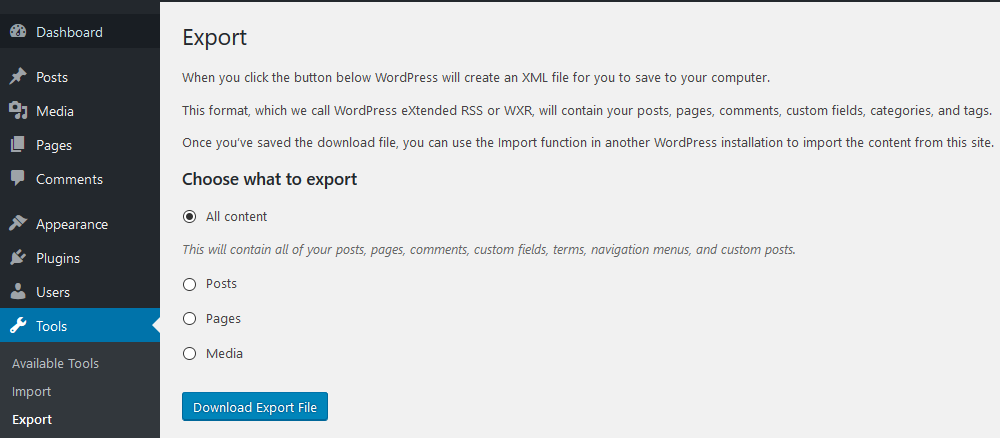 WordPress Export Settings