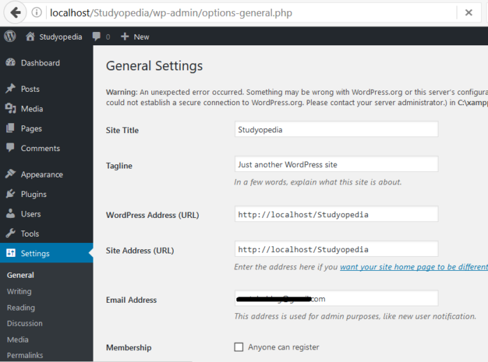 WordPress General Settings - Studyopedia
