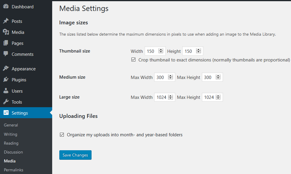 WordPress Media Settings Options