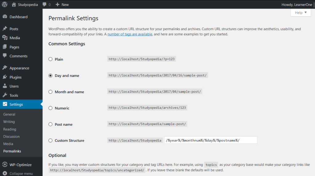 WordPress Permalinks Settings - Studyopedia