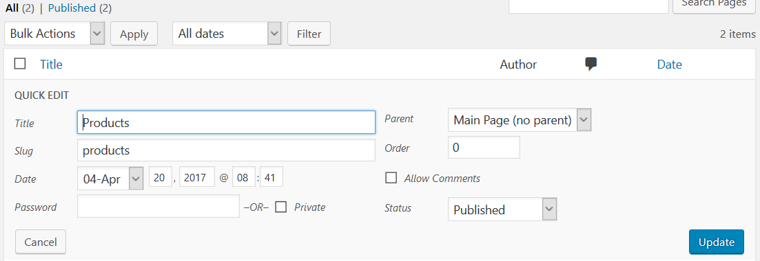 WordPress Quick Edit page option