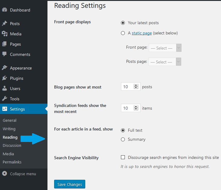 WordPress Reading Settings Options