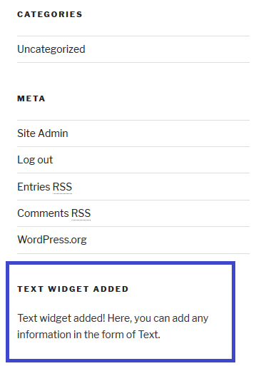 WordPress Text widget visible on the sidebar of website