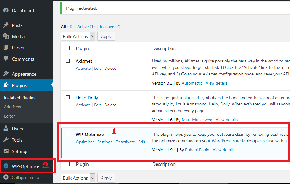 WordPress WP-Optimize plugin installed