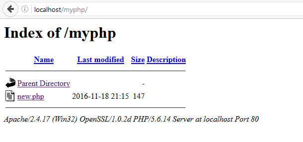 PHP Installation complete - myphp Project directory visible