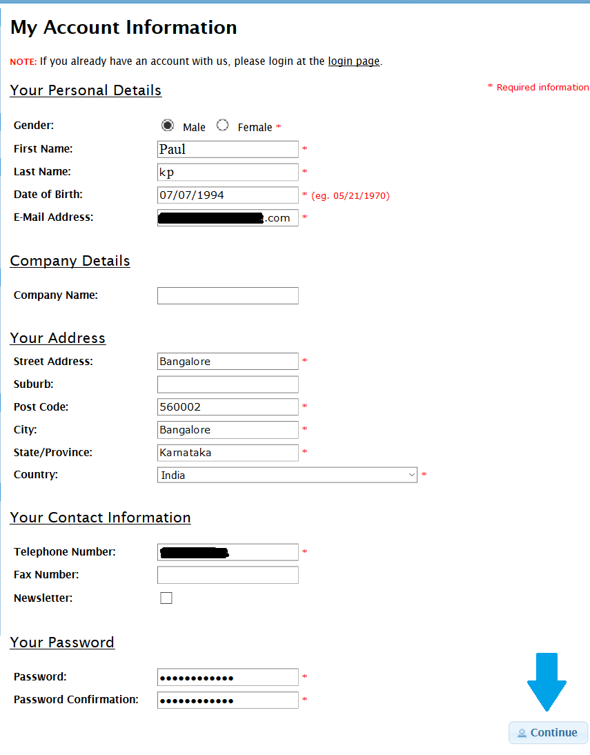 Adding account information for new osCommerce customer