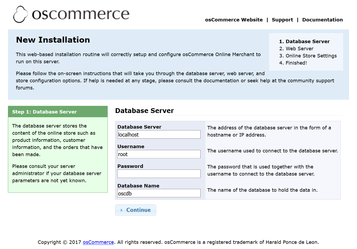 Database Server step for osCommerce installation
