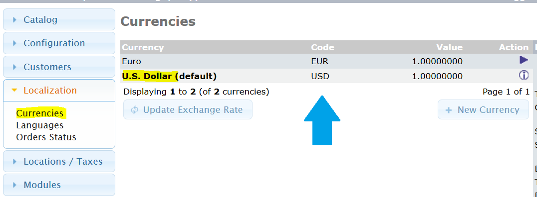 Default osCommerce currency US Dollar