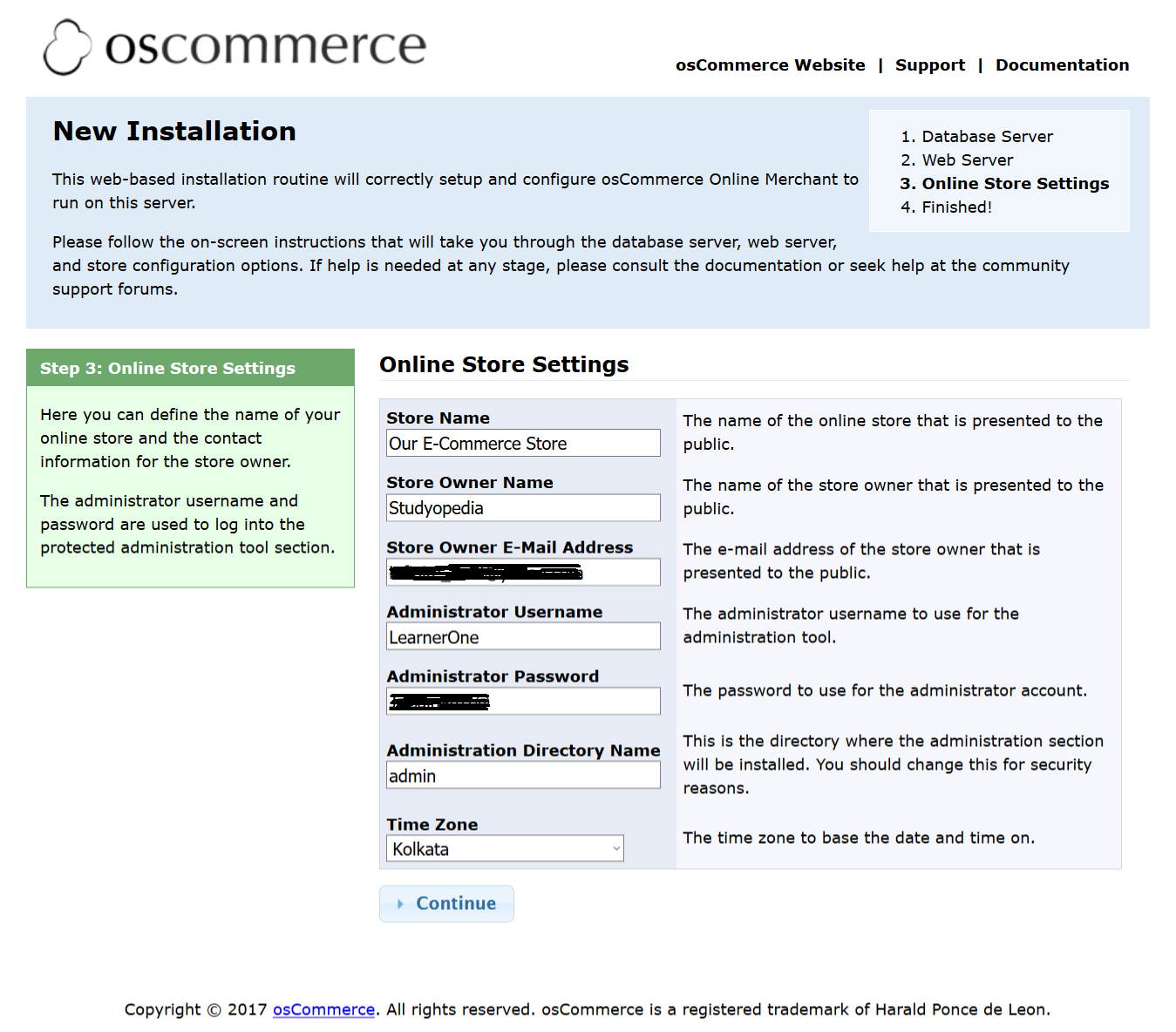 Details added for osCommerce Online Store Settings