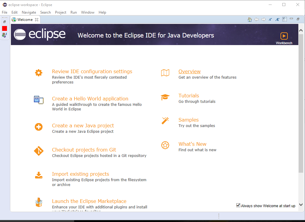 Eclipse IDE Welcome Screen
