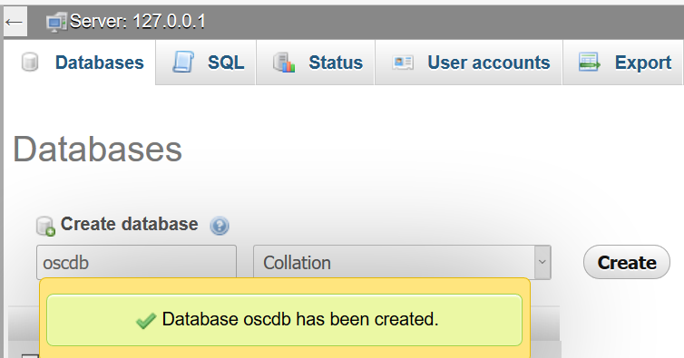 New database oscdb created for osCommerce in phpmyadmin