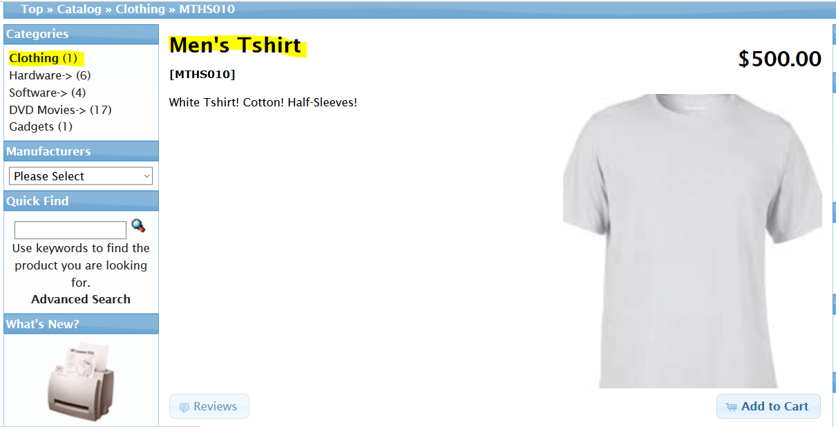 Newly added osCommerce product white tshirt visible