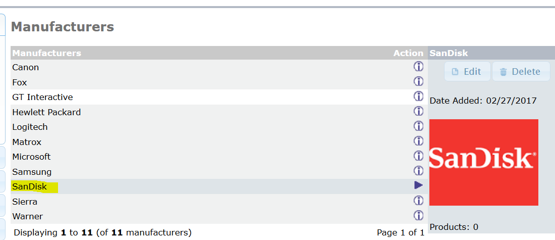 Our new osCommerce manufacturer SanDisk visible