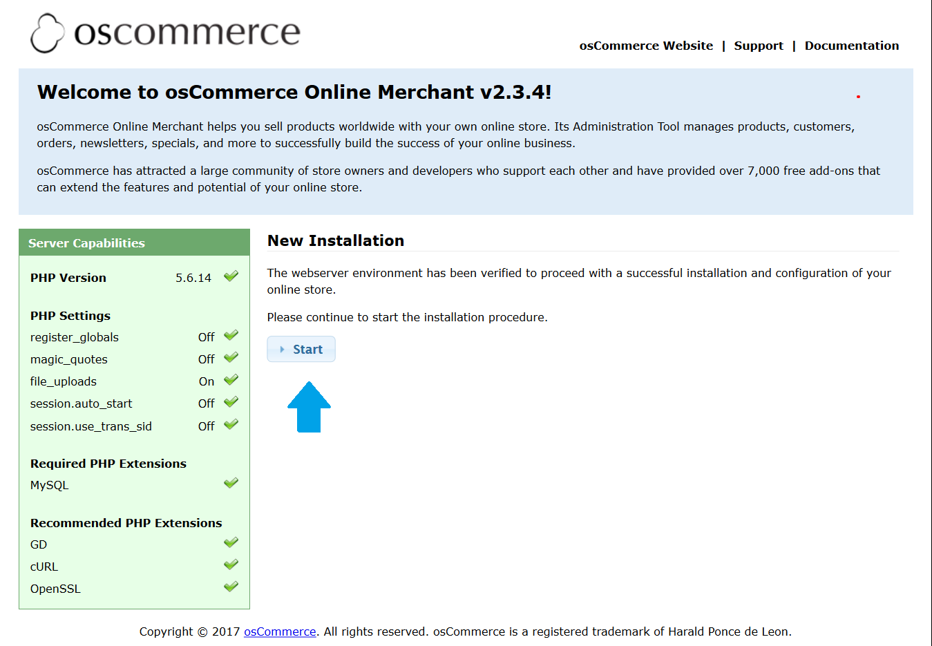 Start installation of osCommerce