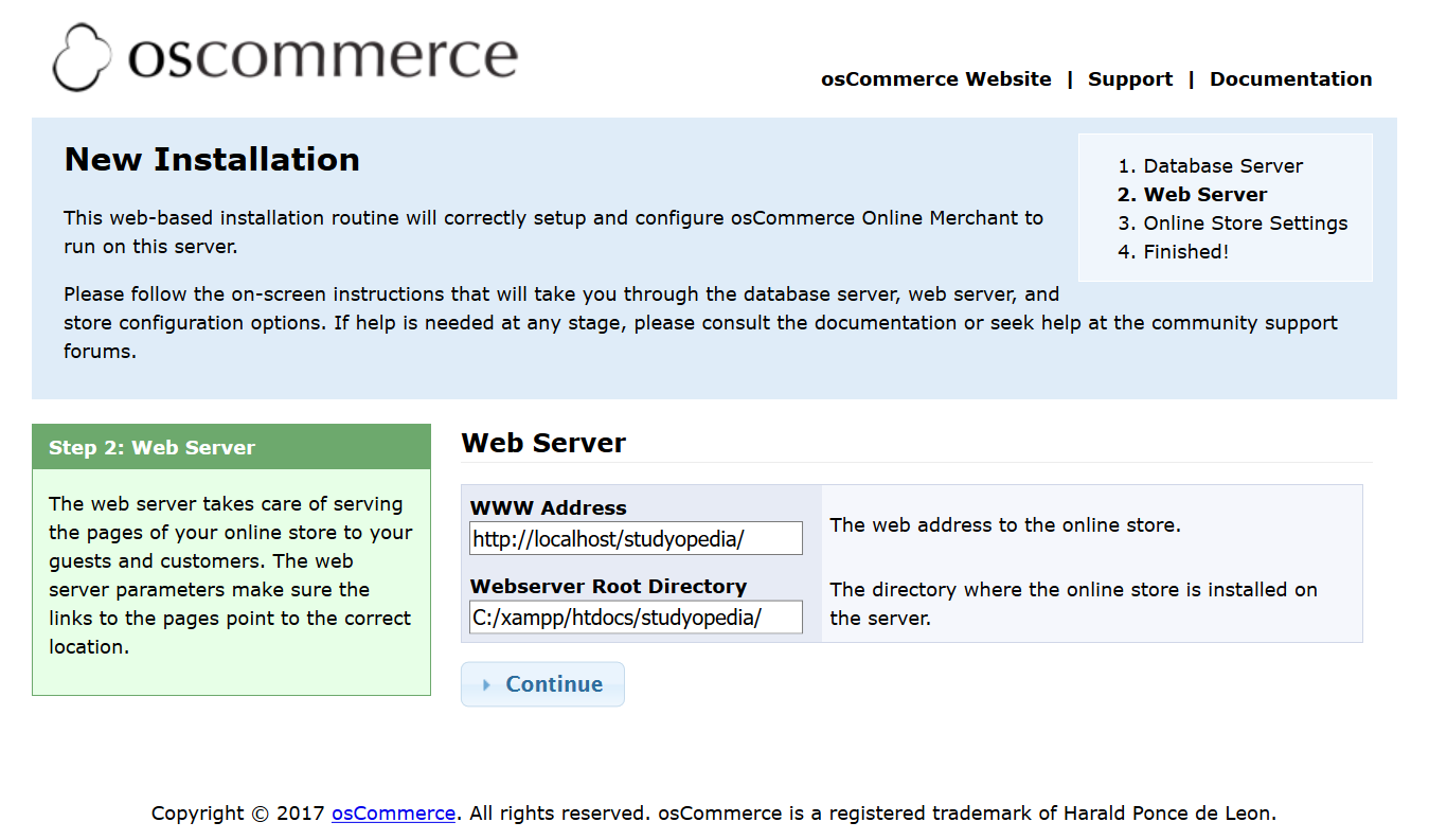 Web Server step for osCommerce installation