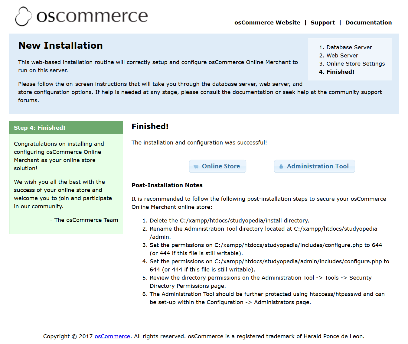osCommerce installation completed