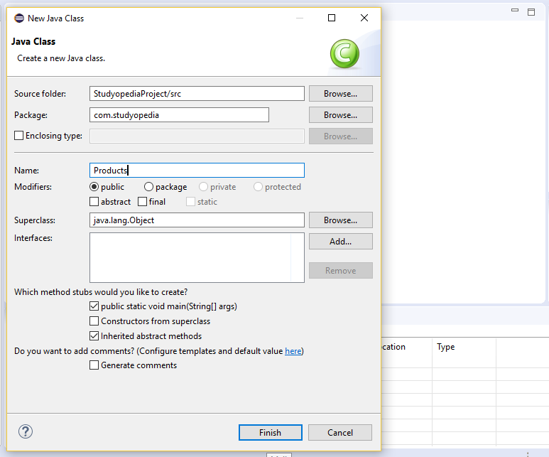 Create New Java Class in Eclipse - Studyopedia