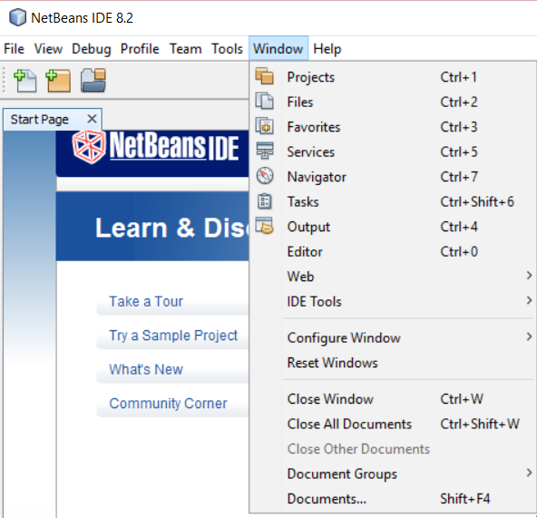 NetBeans IDE Windows menu