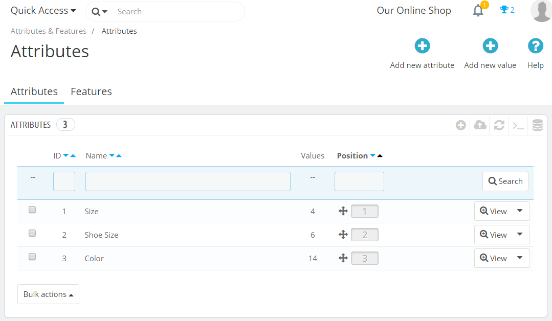 PrestaShop Product Attributes section