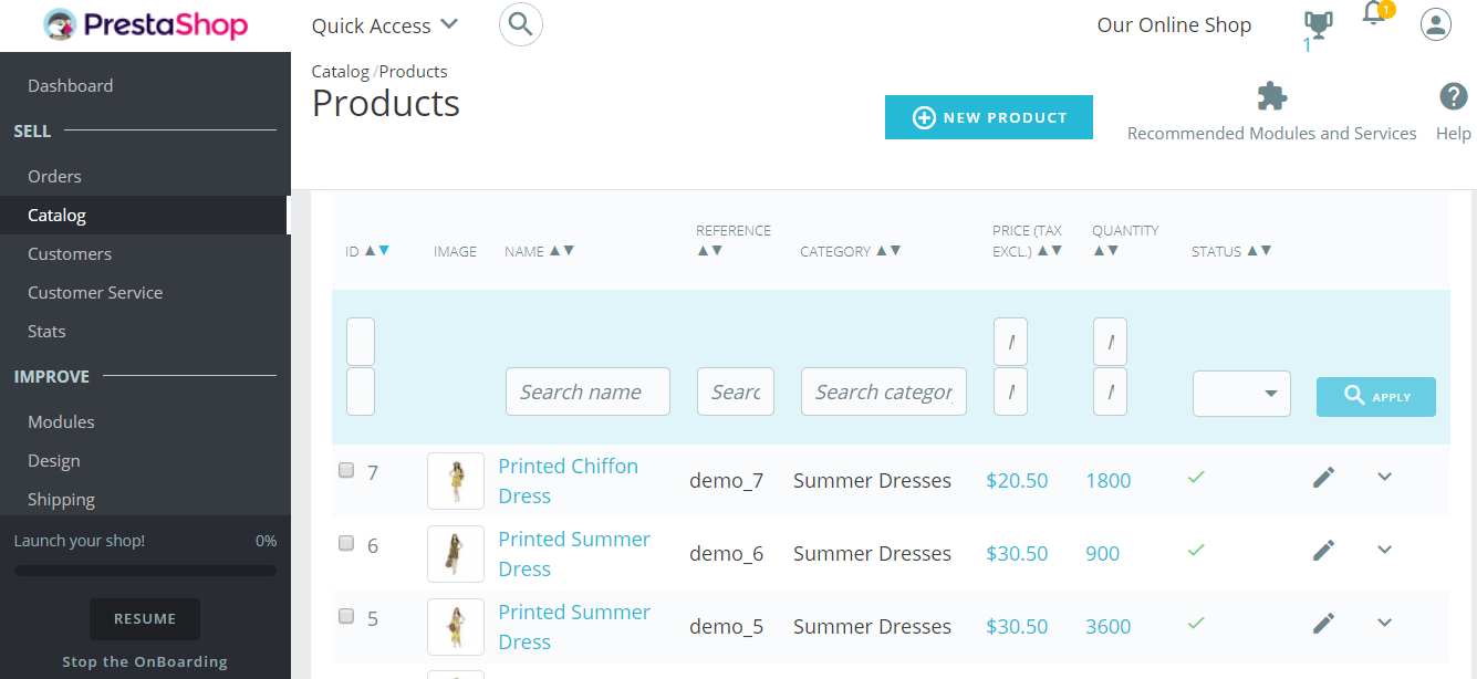 PrestaShop Products section