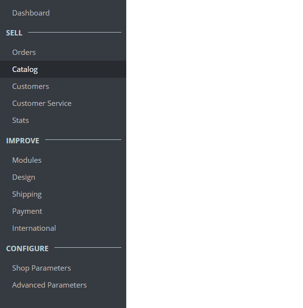 PrestaShop Store Dashboard Left Menus