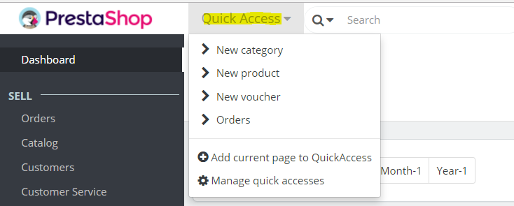 PrestaShop Store Quick Access section