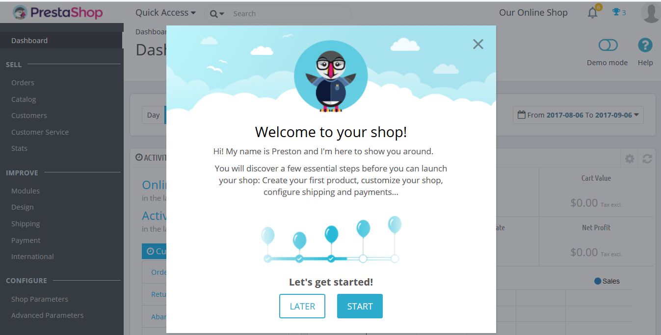 PrestaShop Store Welcome page for admin