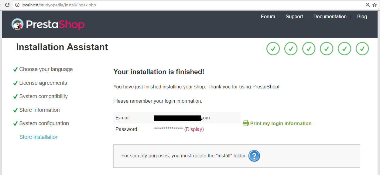 PrestaShop installed successfully