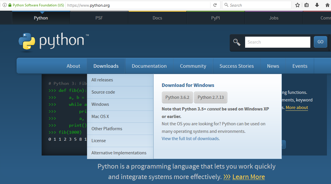 Python Official Website to download Python